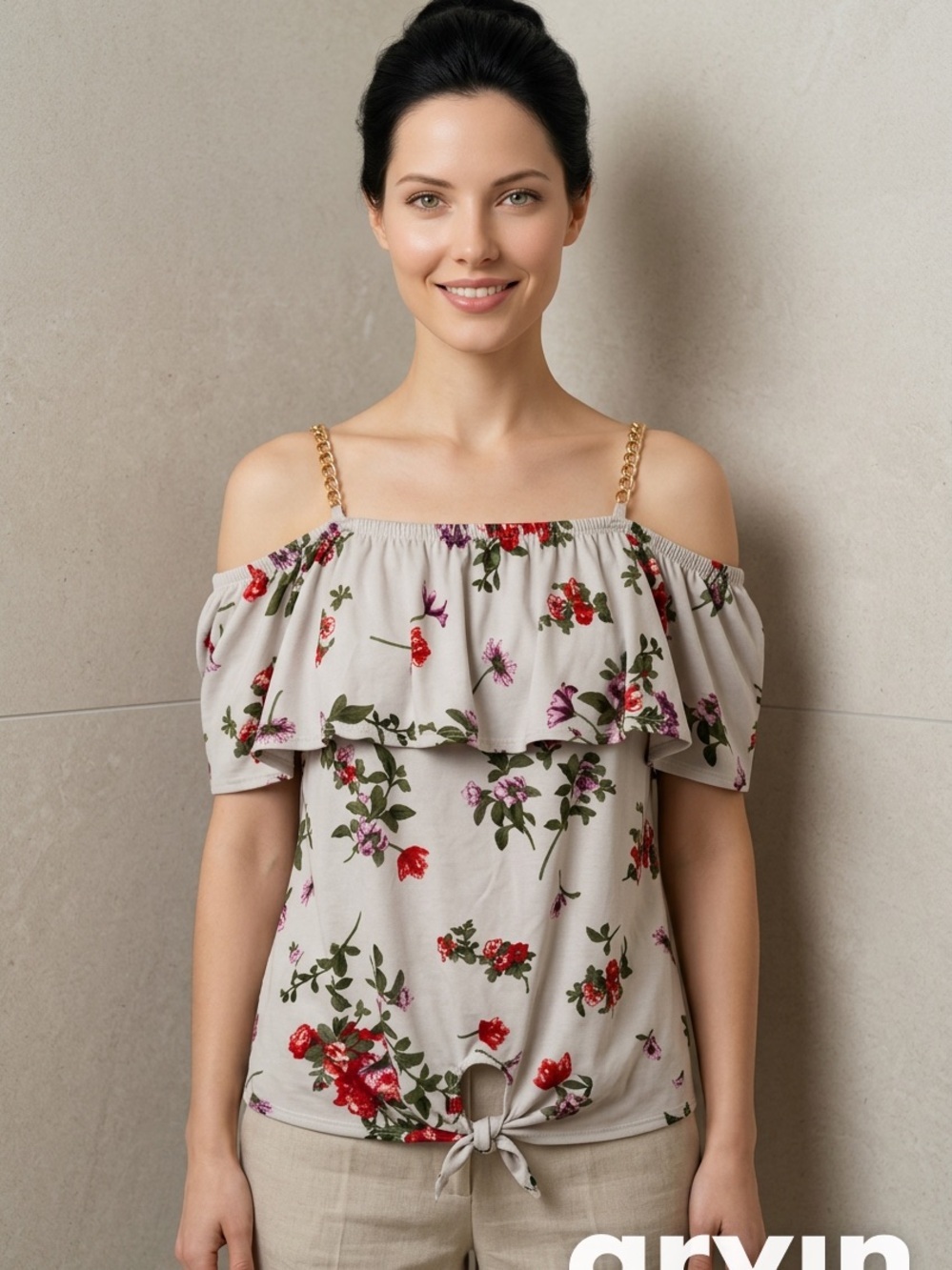 Floral Off-Shoulder Tie-Front Top in Light Beige with Red & Green Print